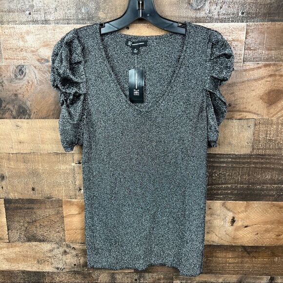 INC International Concepts Top Scoop Neck Black Metallic Puff Sleeves Stretch XL - Picture 11 of 16